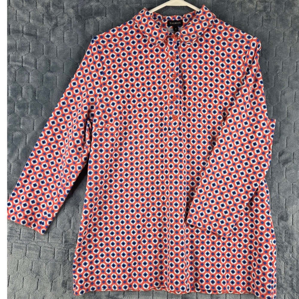 Talbots Womens Medium Coral Blue Geometric Floral 3/4 Sleeve Polo Knit Top